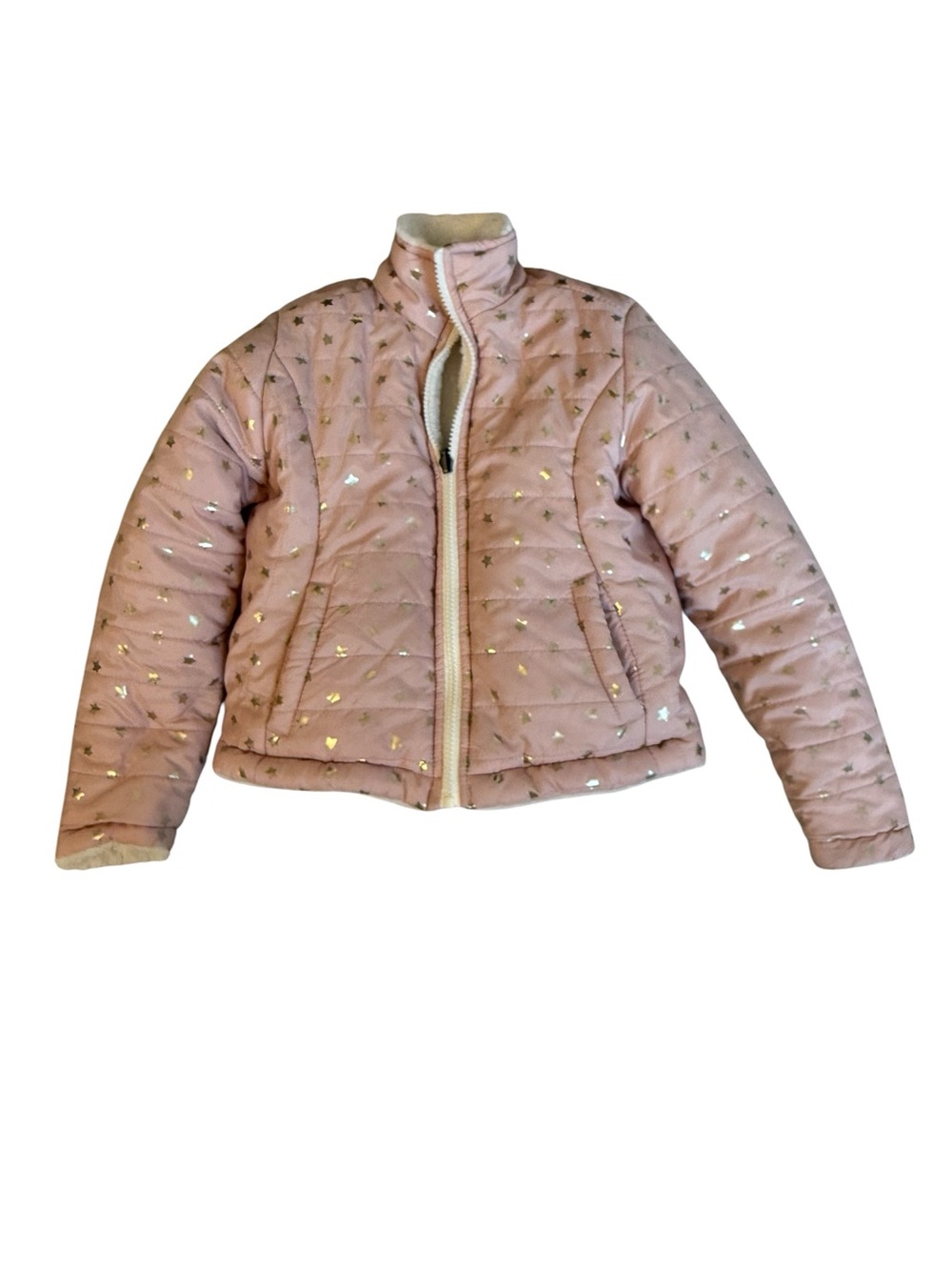 Pink Quilted Puff Jacket with Gold Star Print, Size 5